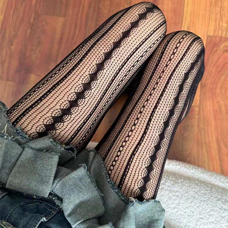 Women Vintage Solid Fishnet Lace Pattern Tights Stockings Hollowed Rhombus Striped Geometric Jacquard Pantyhose Leggings